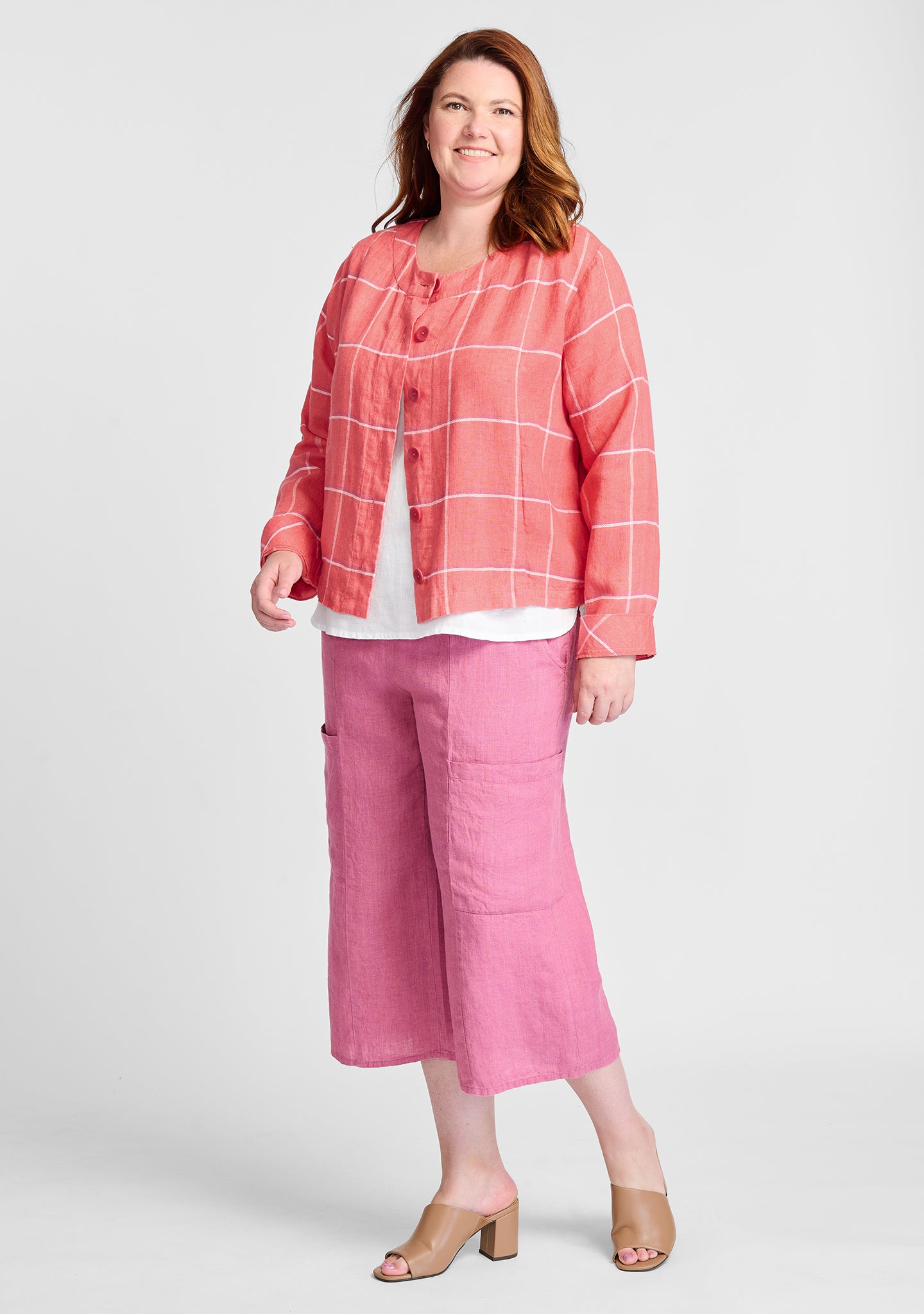 FLAX linen jacket in orange with linen tank in white and pants in pink