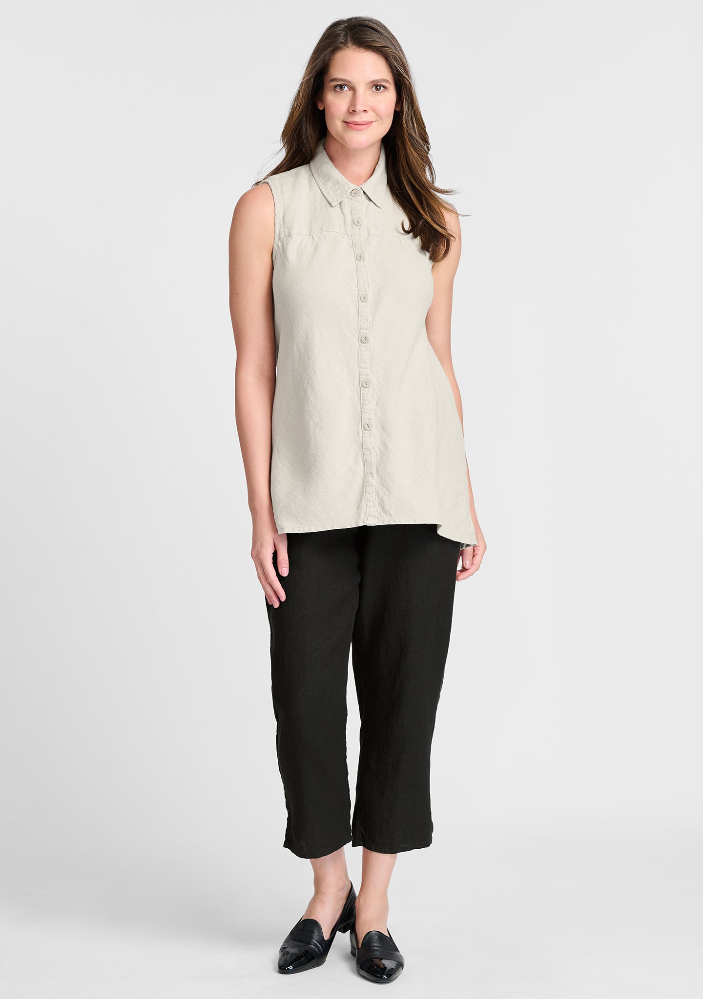 FLAX linen blouse in natural with linen pants in black