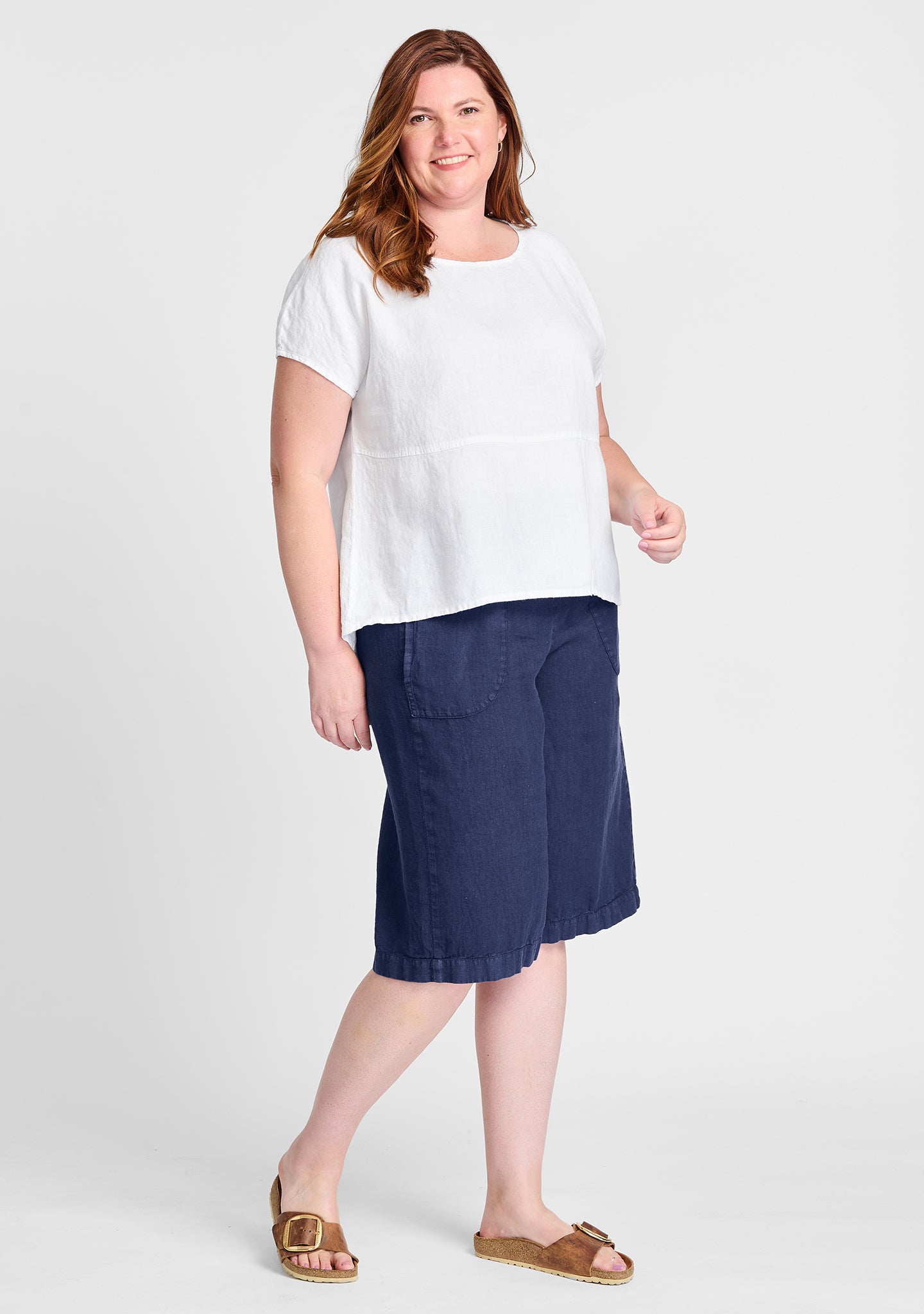 FLAX linen shirt in white with linen shorts in blue