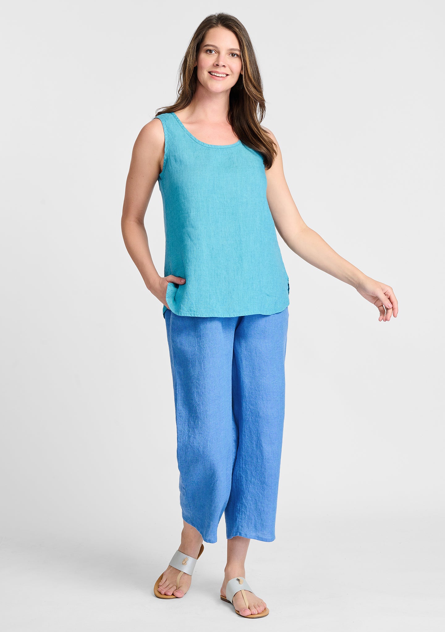 FLAX linen tank in blue with linen pants in blue