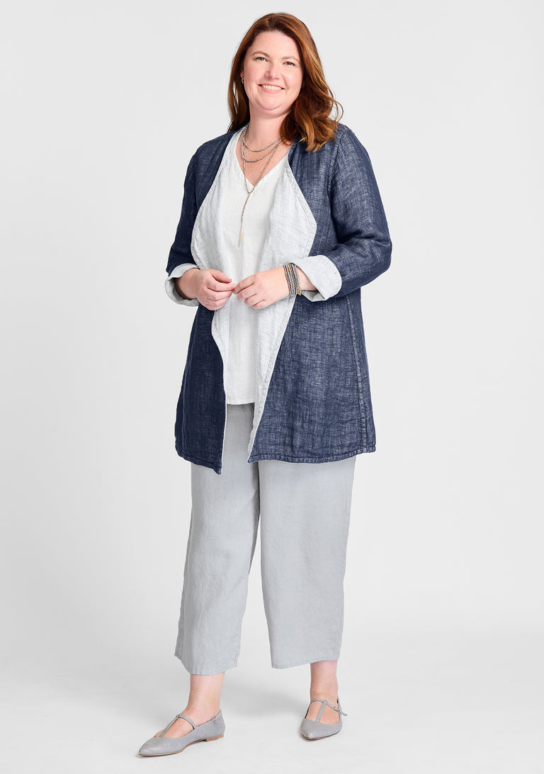 FLAX linen jacket in blue with linen shirt in white and linen pants in grey