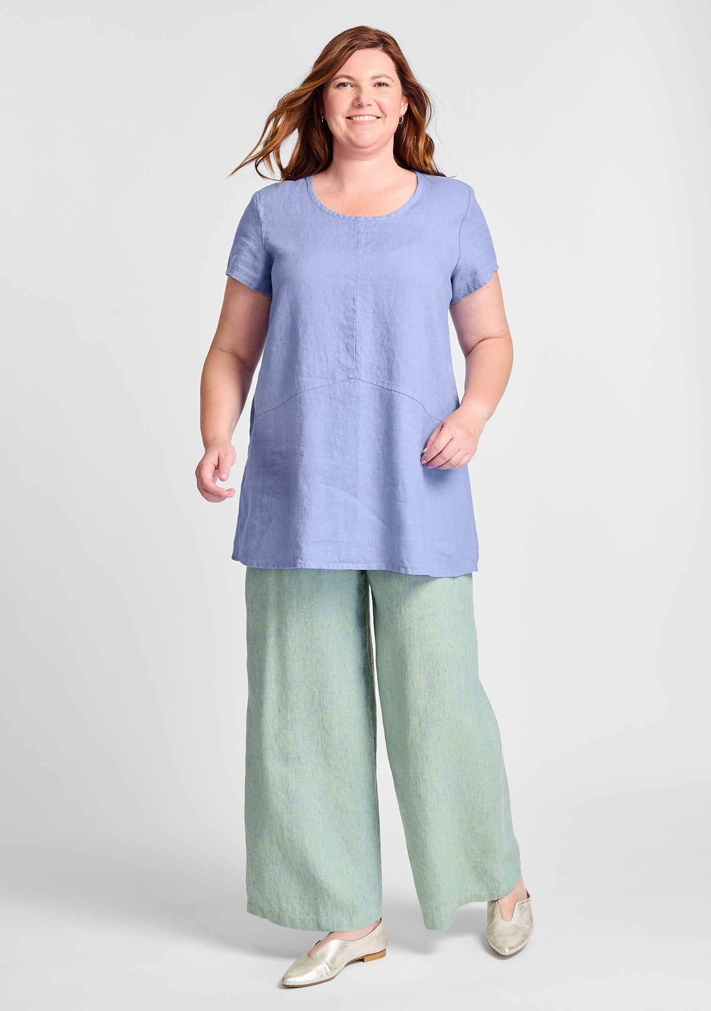 FLAX linen shirt in blue with linen pants in green