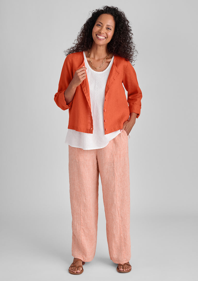 FLAX linen cardigan in orange with linen tank in white and linen pants in orange