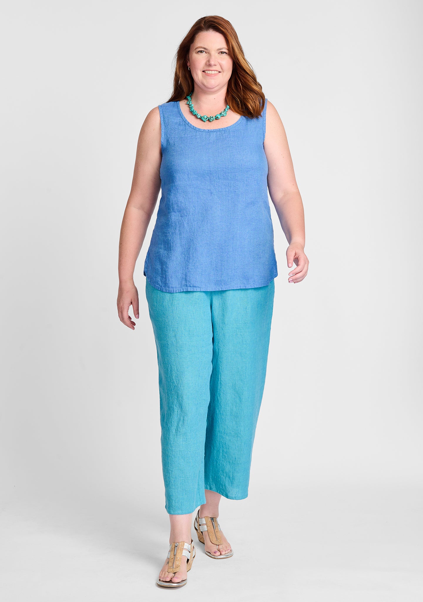 FLAX linen tank in blue with linen pants in blue