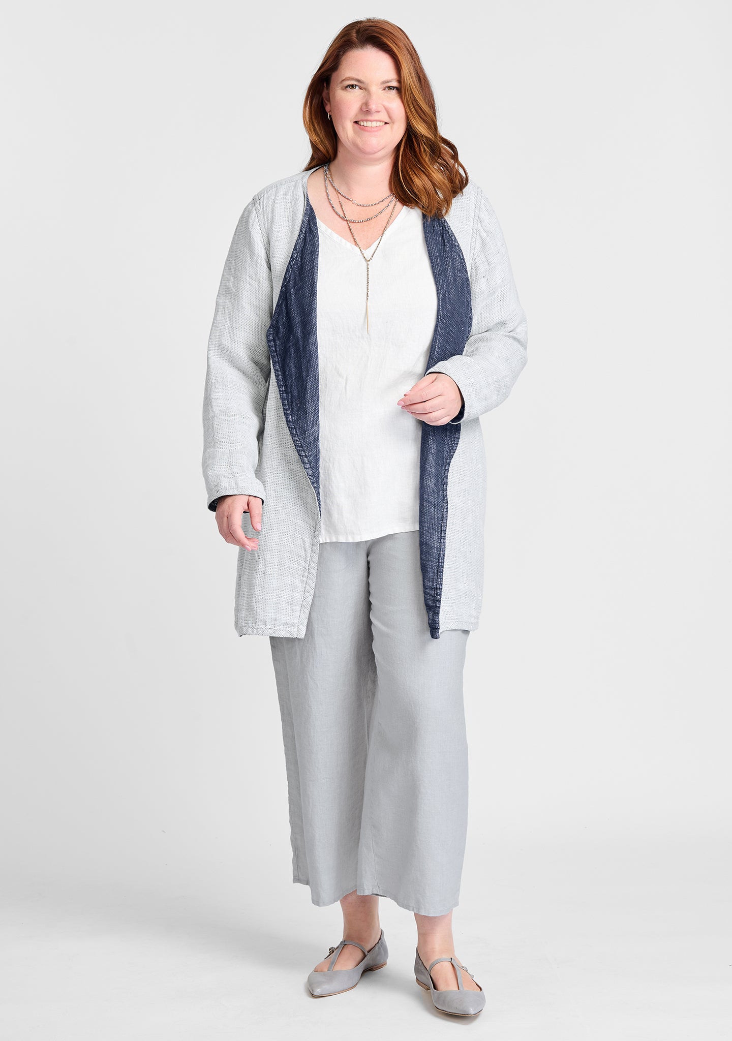 FLAX linen jacket in grey with linen shirt in white and linen pants in grey