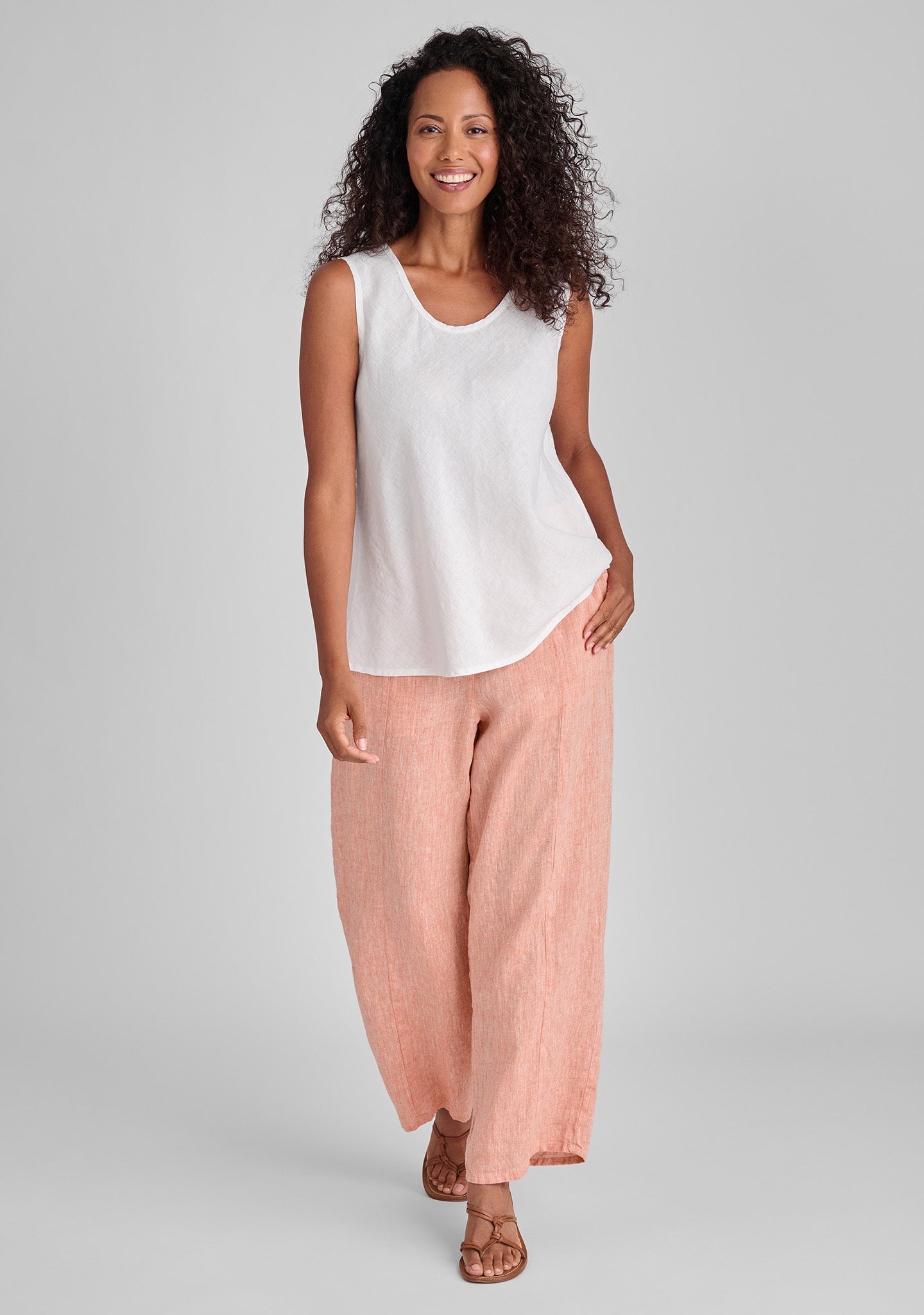 FLAX linen tank in white with linen pants in orange