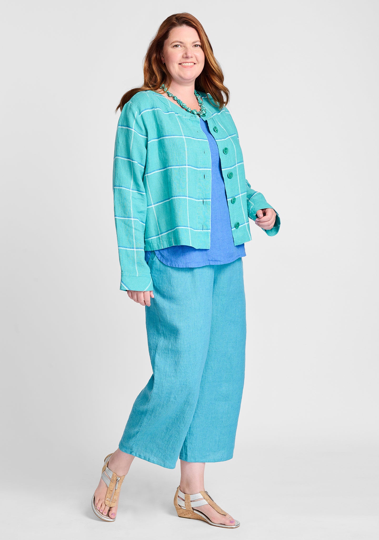 FLAX linen jacket in blue with linen tank in blue and linen pants in blue