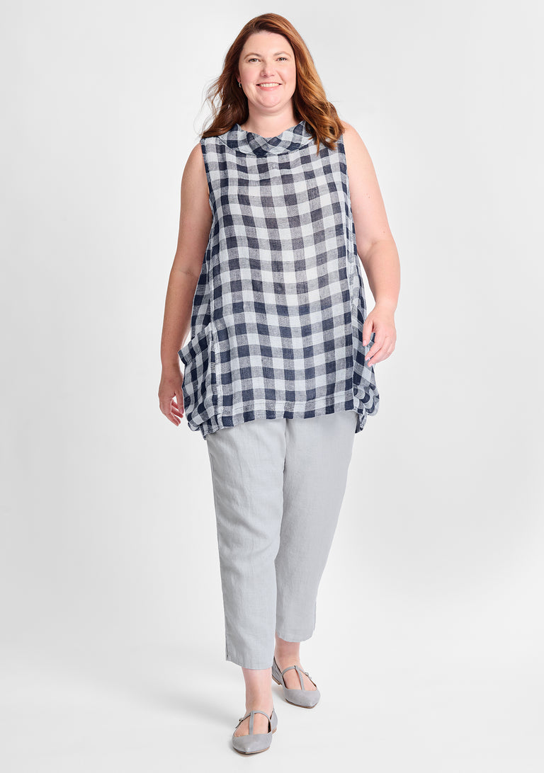 FLAX linen tank in blue check with linen pants in grey