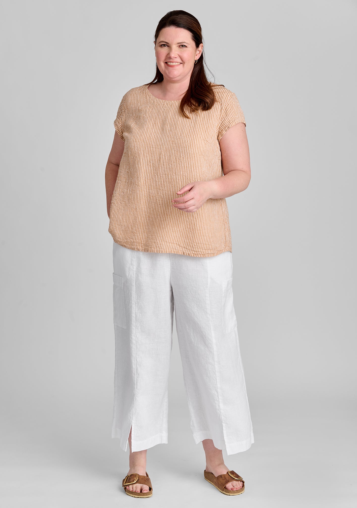 FLAX linen tee in orange with linen pants in white