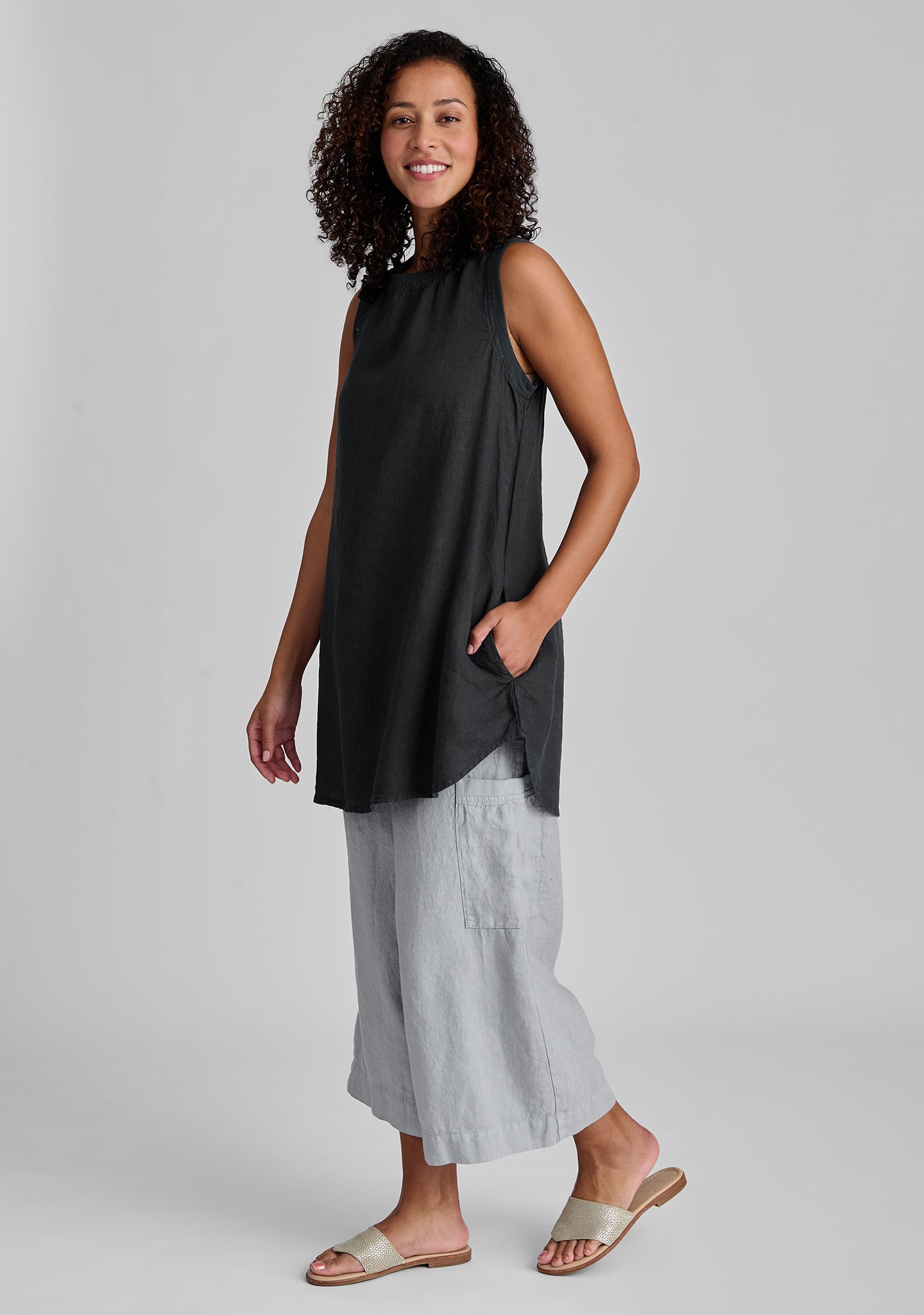 FLAX linen tank in black with linen pants in grey
