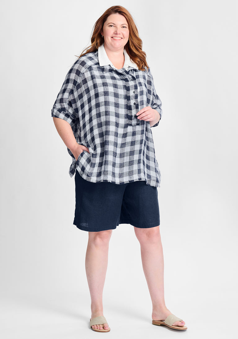 FLAX linen shirt in blue check with linen shirt in white and linen shorts in blue