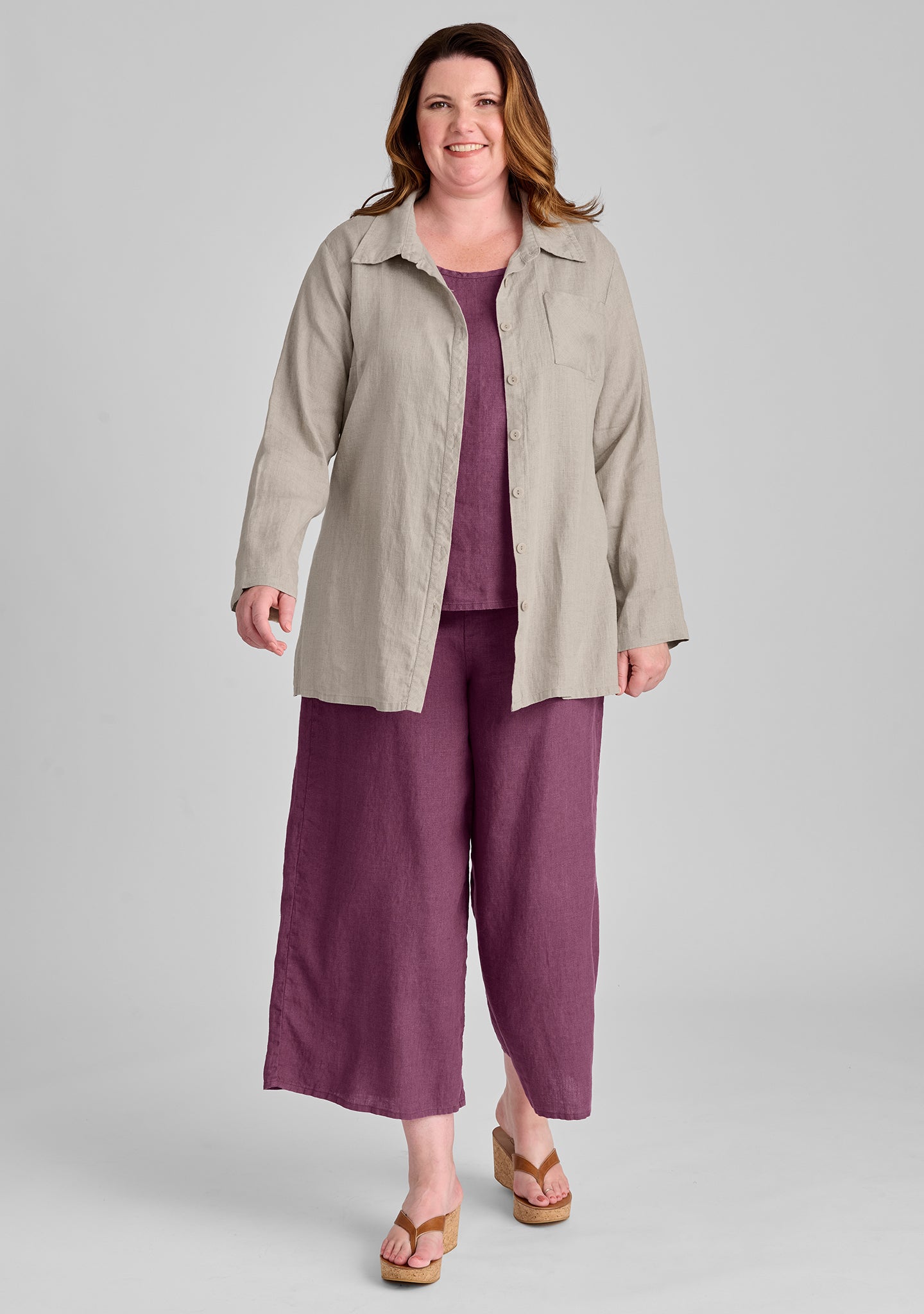 FLAX linen blouse in natural with linen tank in purple and linen pants in purple