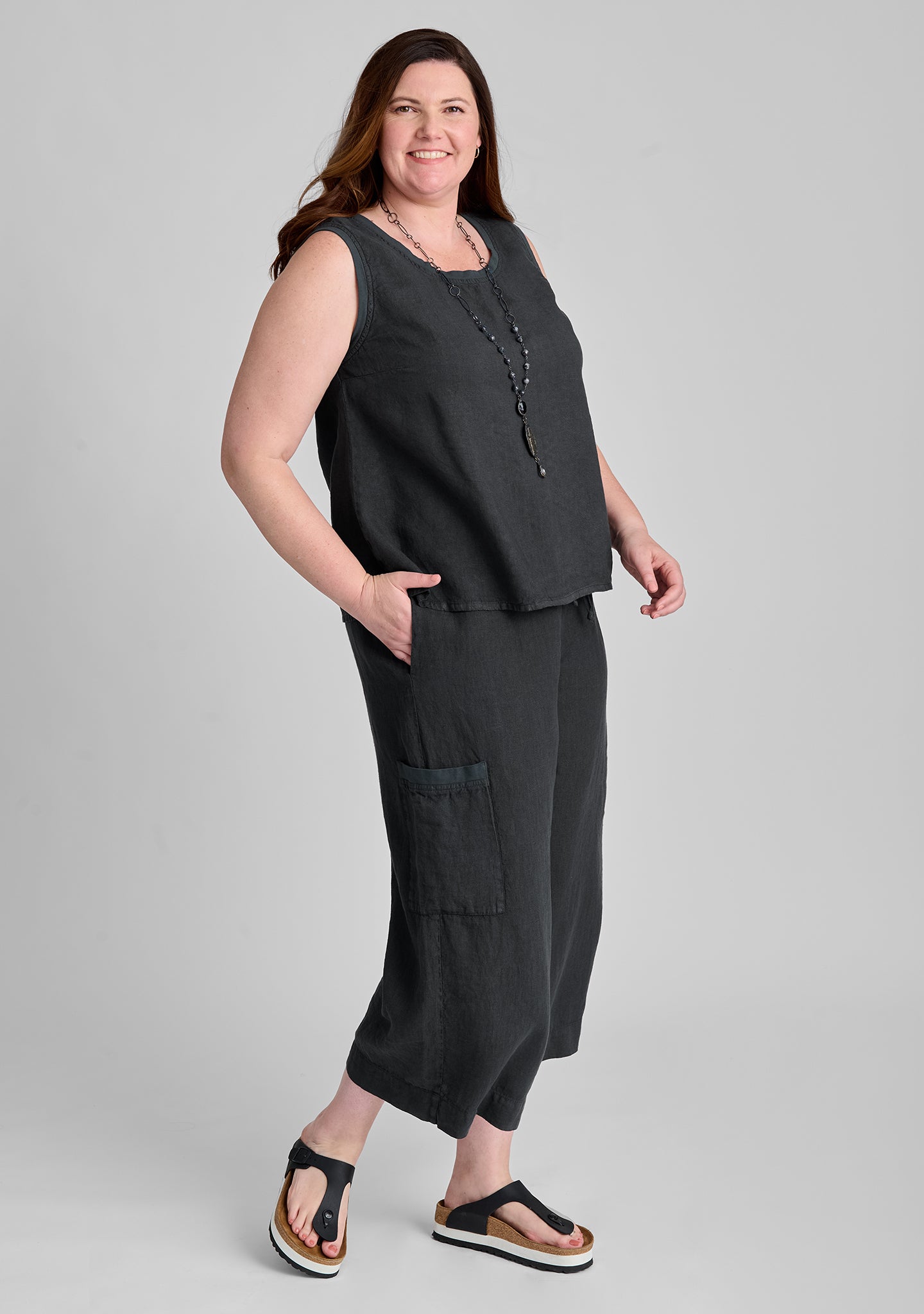 FLAX linen tank in black with linen pants in black