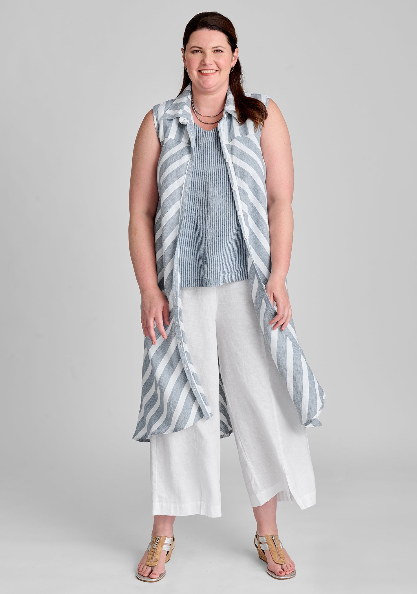 FLAX linen blouse in blue with linen tank in blue and linen pants in white