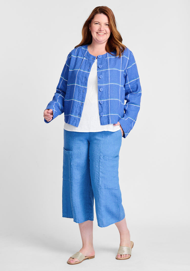 FLAX linen jacket in blue with linen tank in white and linen pants in blue