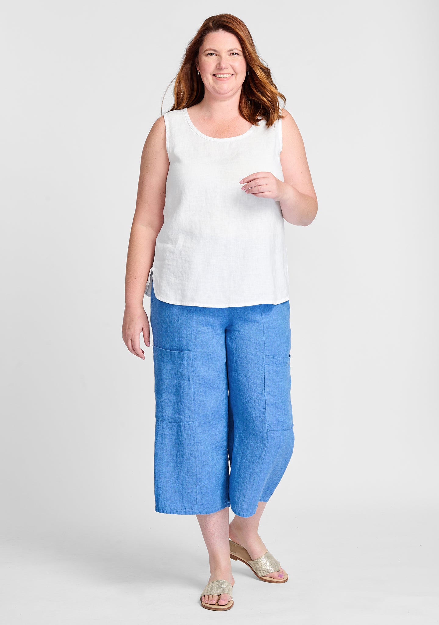 FLAX linen tank in white with linen pants in blue