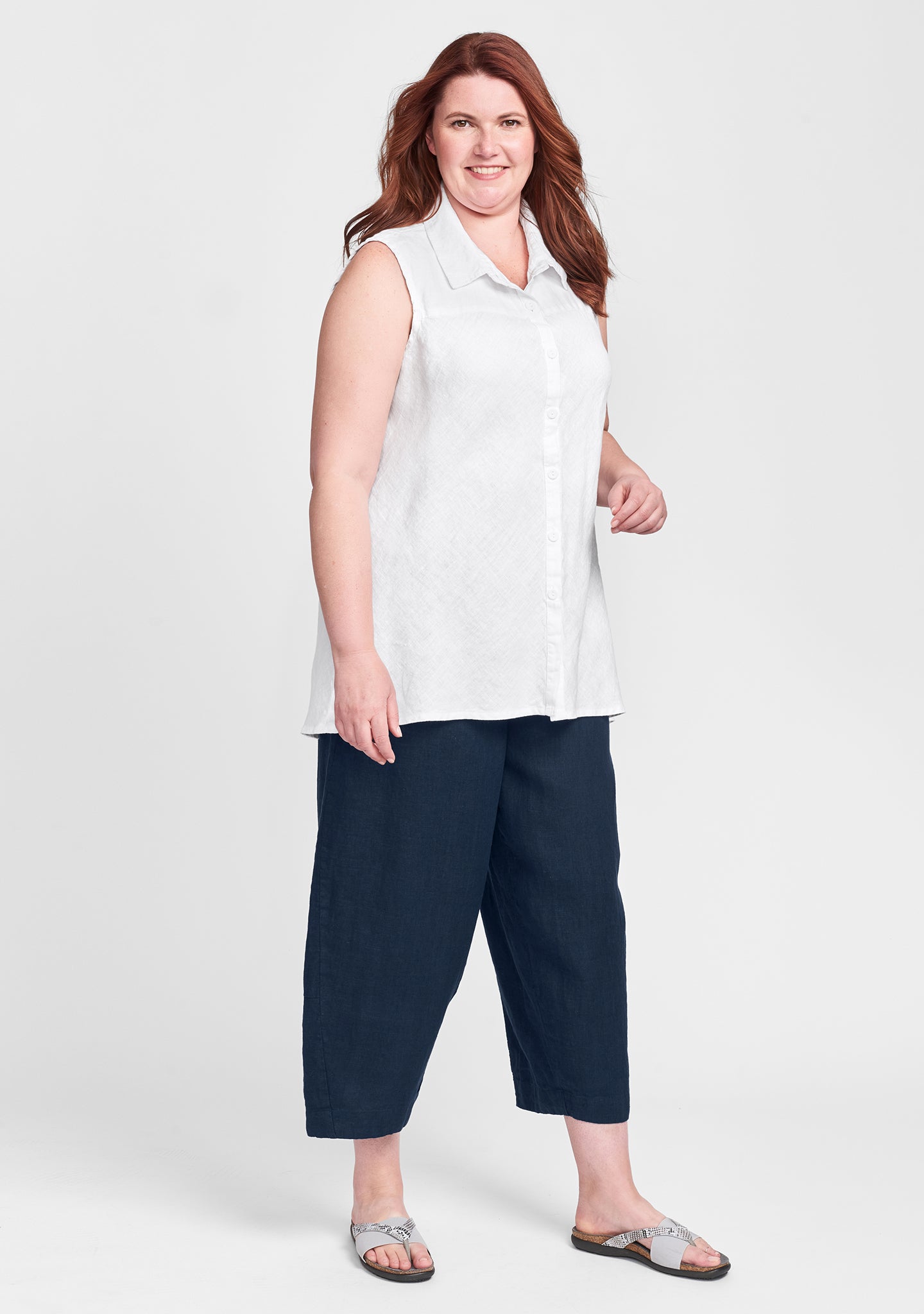 FLAX linen shirt in white with linen pants in blue
