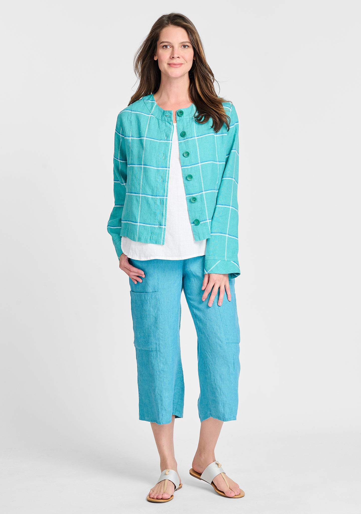 FLAX linen jacket in blue with linen tank in white and linen pants in blue