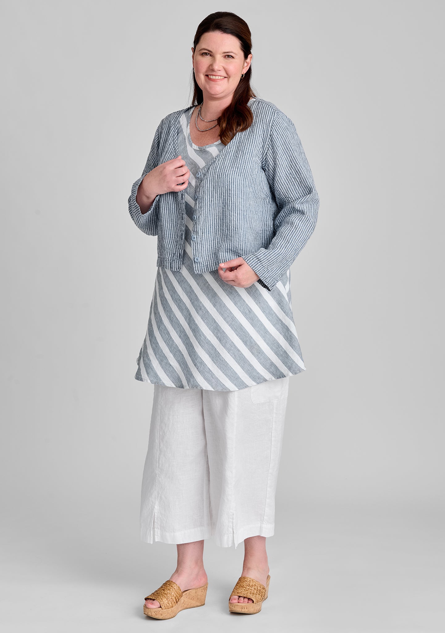 FLAX linen blouse in blue with linen tank in blue and linen pants in white