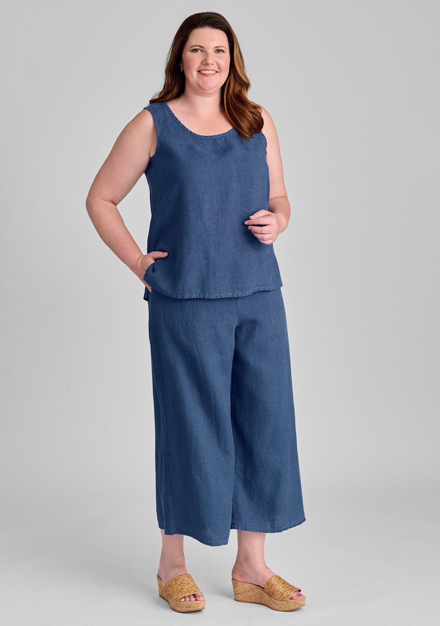 FLAX linen tank in blue with linen pants in blue