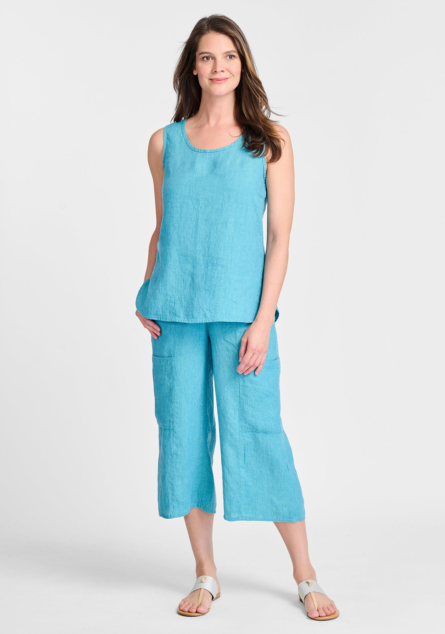 FLAX linen tank in blue with linen pants in blue