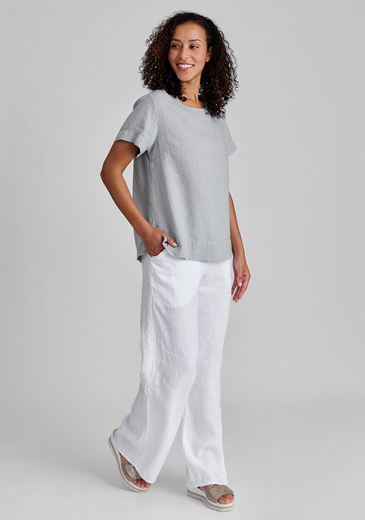 FLAX linen tee in grey with linen pants in white