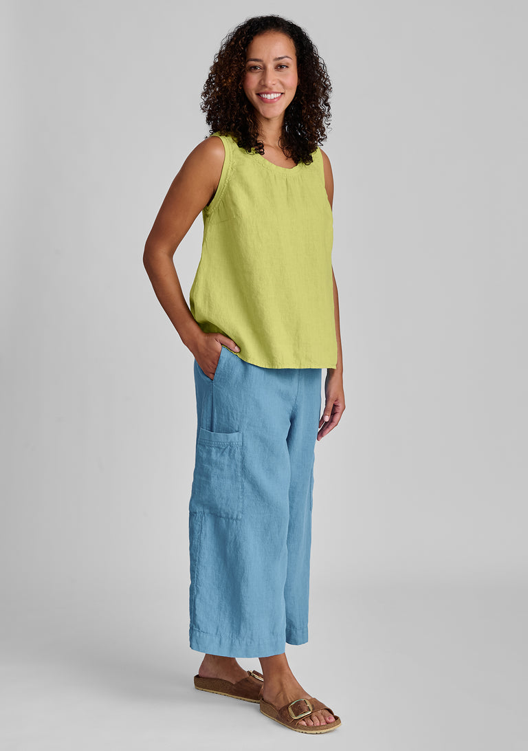 FLAX linen tank in green with linen pants in blue