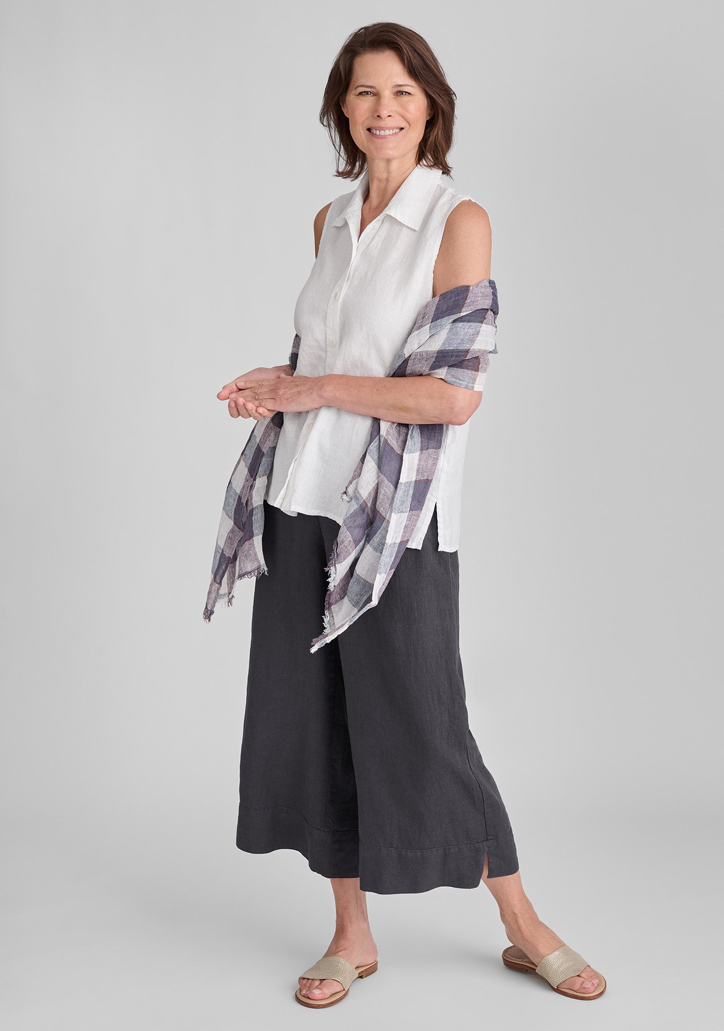 FLAX linen shirt in white with linen pants in grey