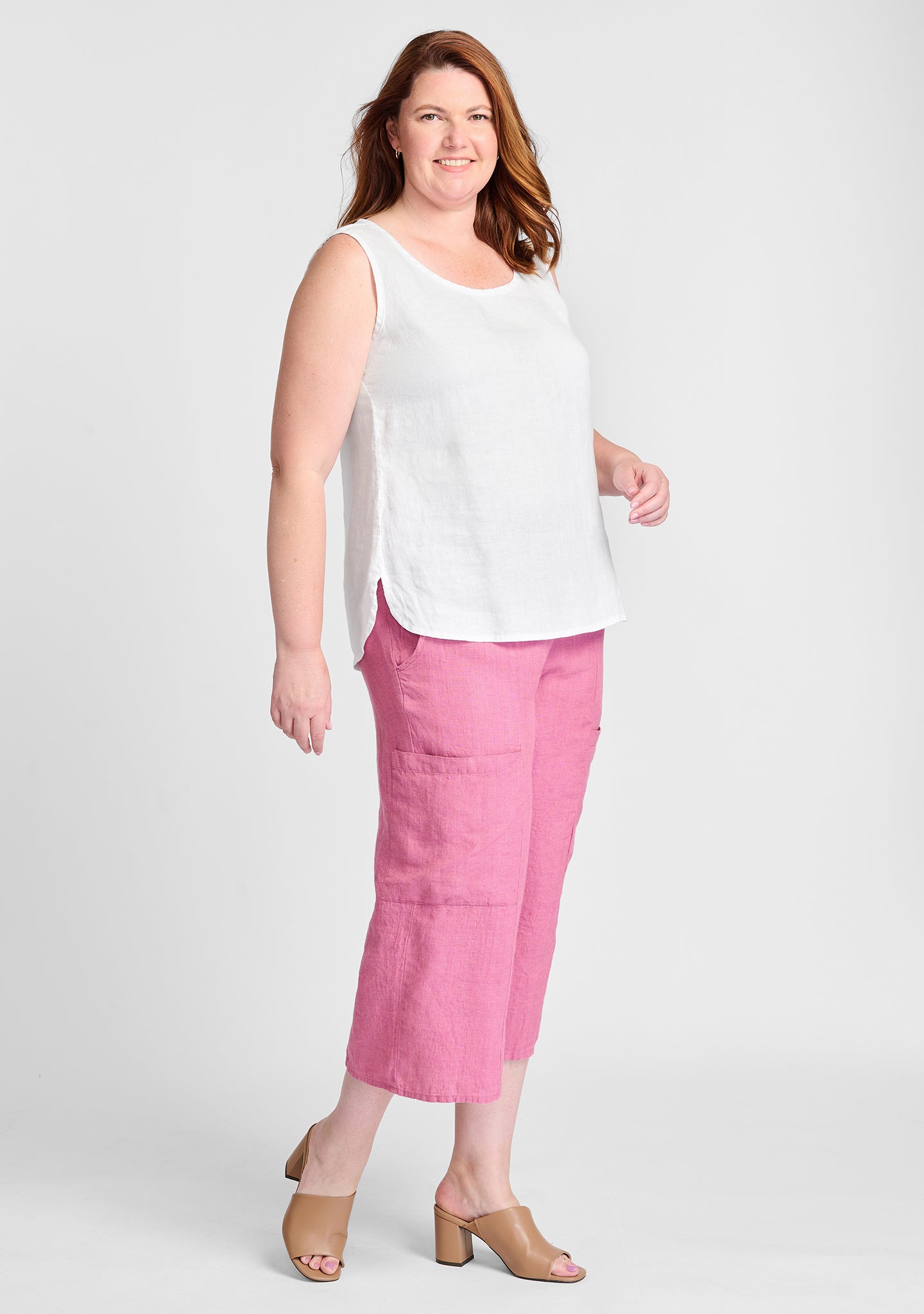 FLAX linen tank in white with linen pants in pink