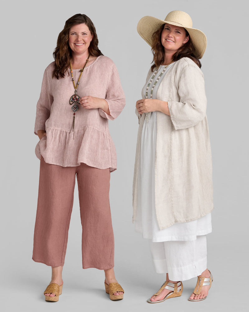 Flax clothing brand linen outfits in pink and tan