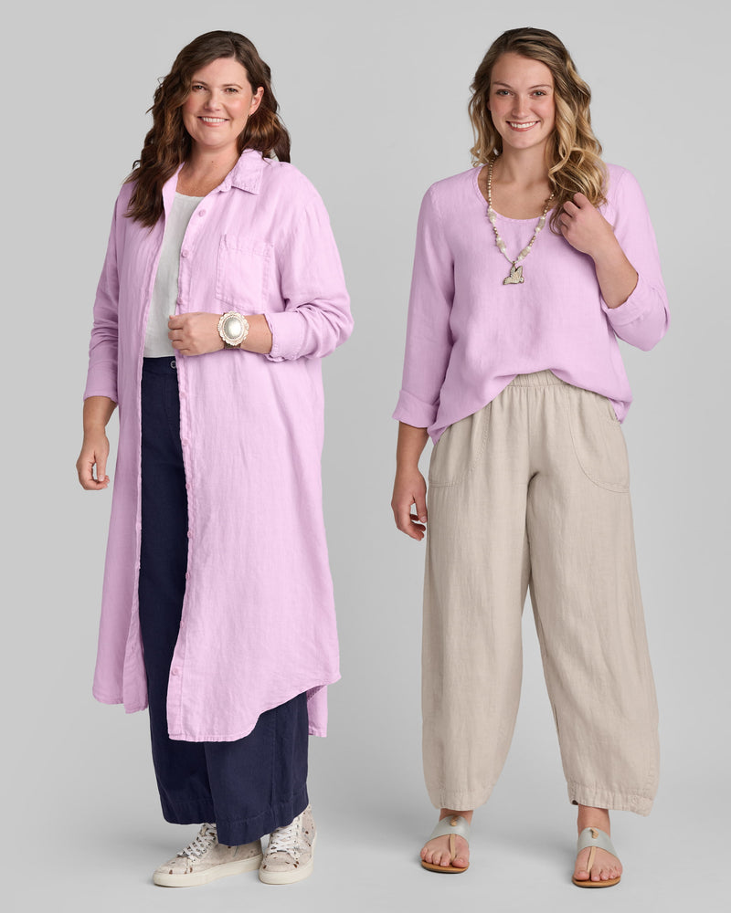 Flax clothing brand two women in linen clothing outfits in pink, natural, and blue.