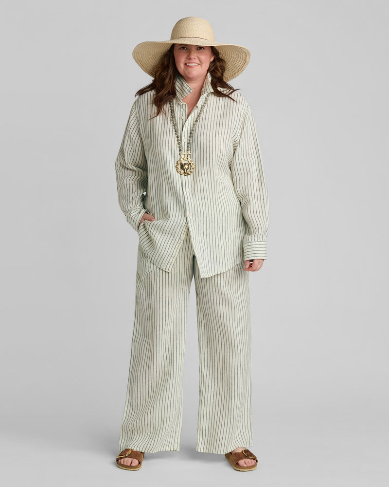 Woman in striped linen set