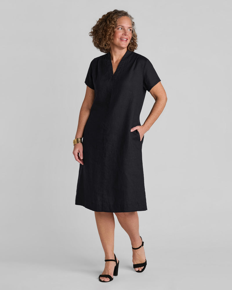 Woman in a black linen a line dress