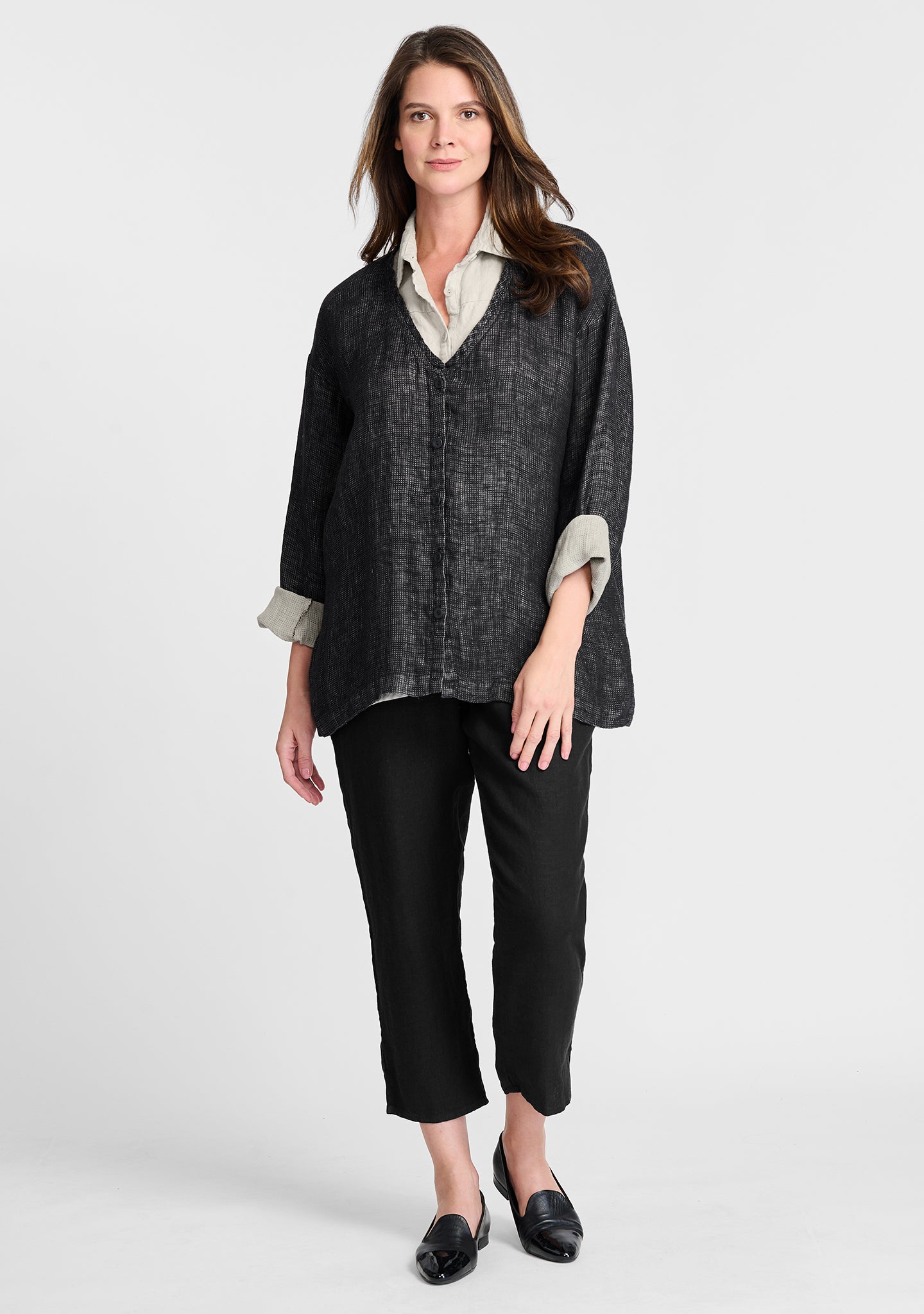 FLAX linen jacket in black with linen shirt in natural and linen pants in black