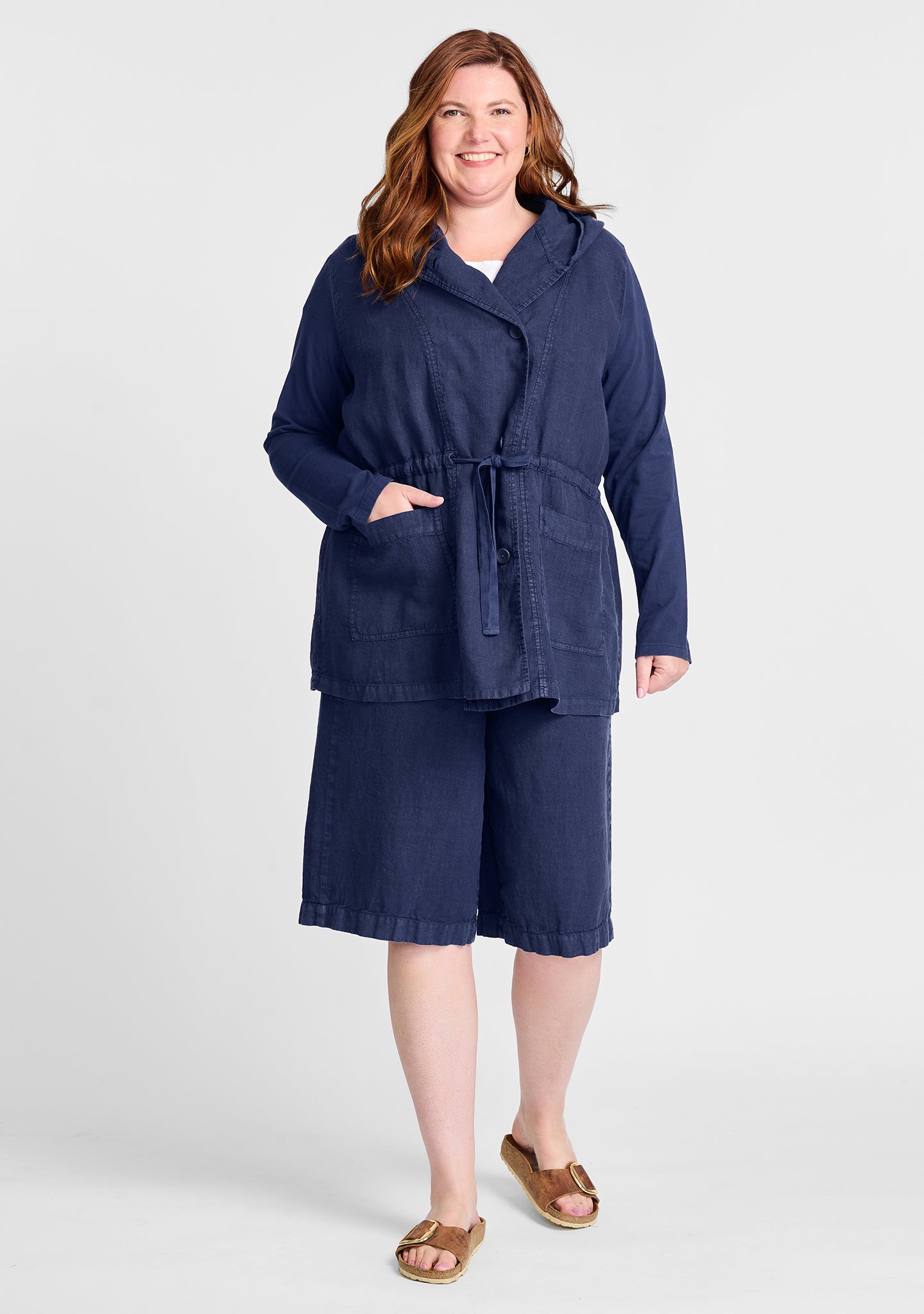 FLAX linen jacket in blue with linen shirt in white and linen shorts in blue