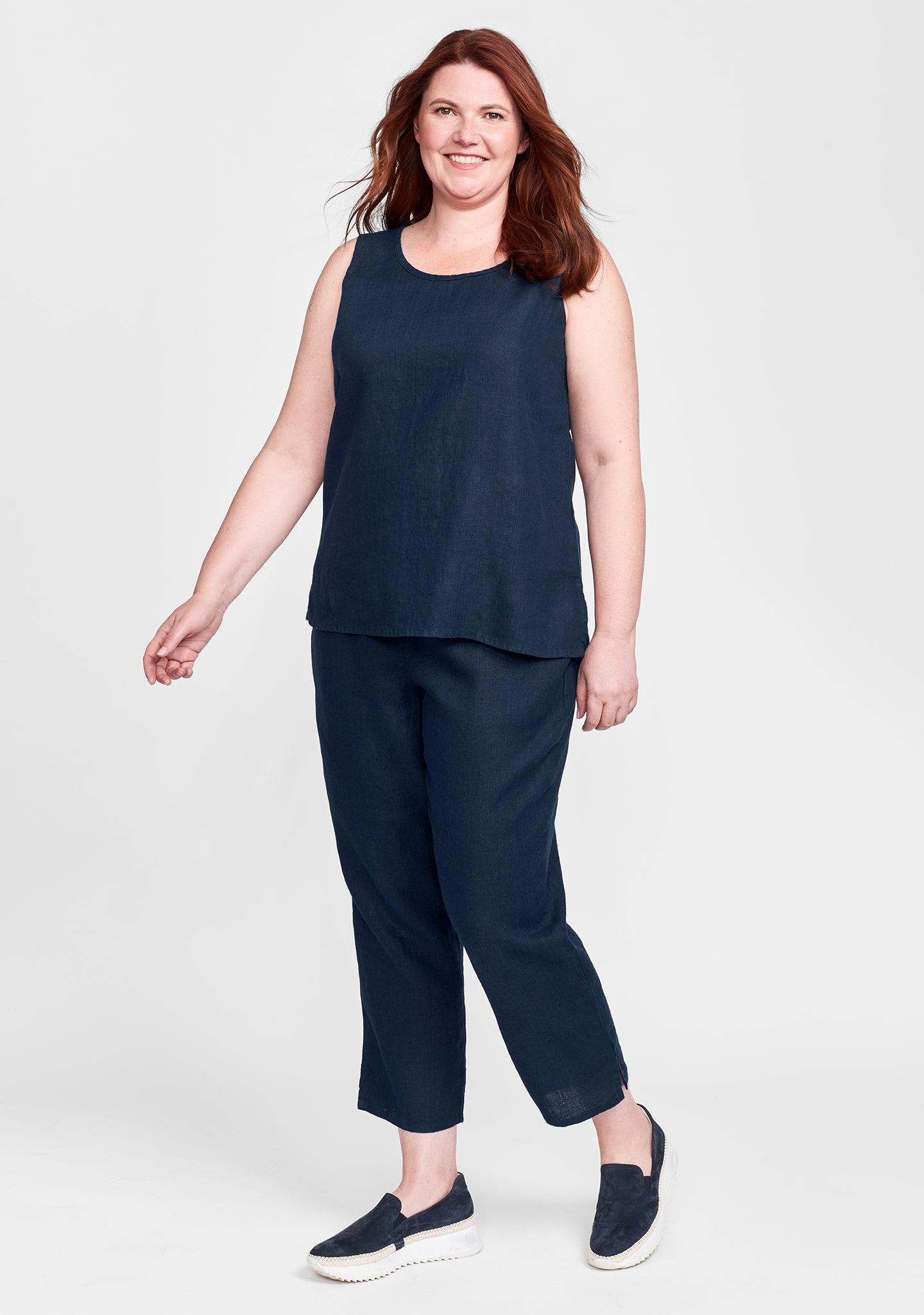 FLAX linen tank in blue with linen pants in blue