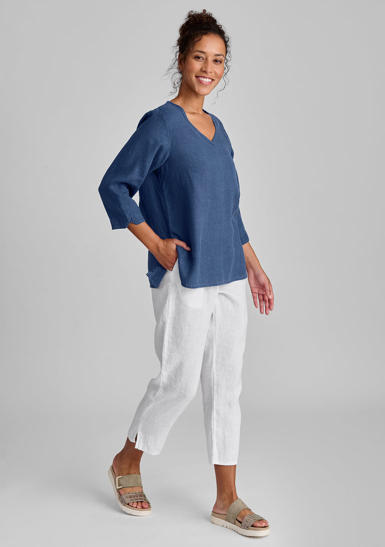 FLAX linen shirt in blue with linen pants in white