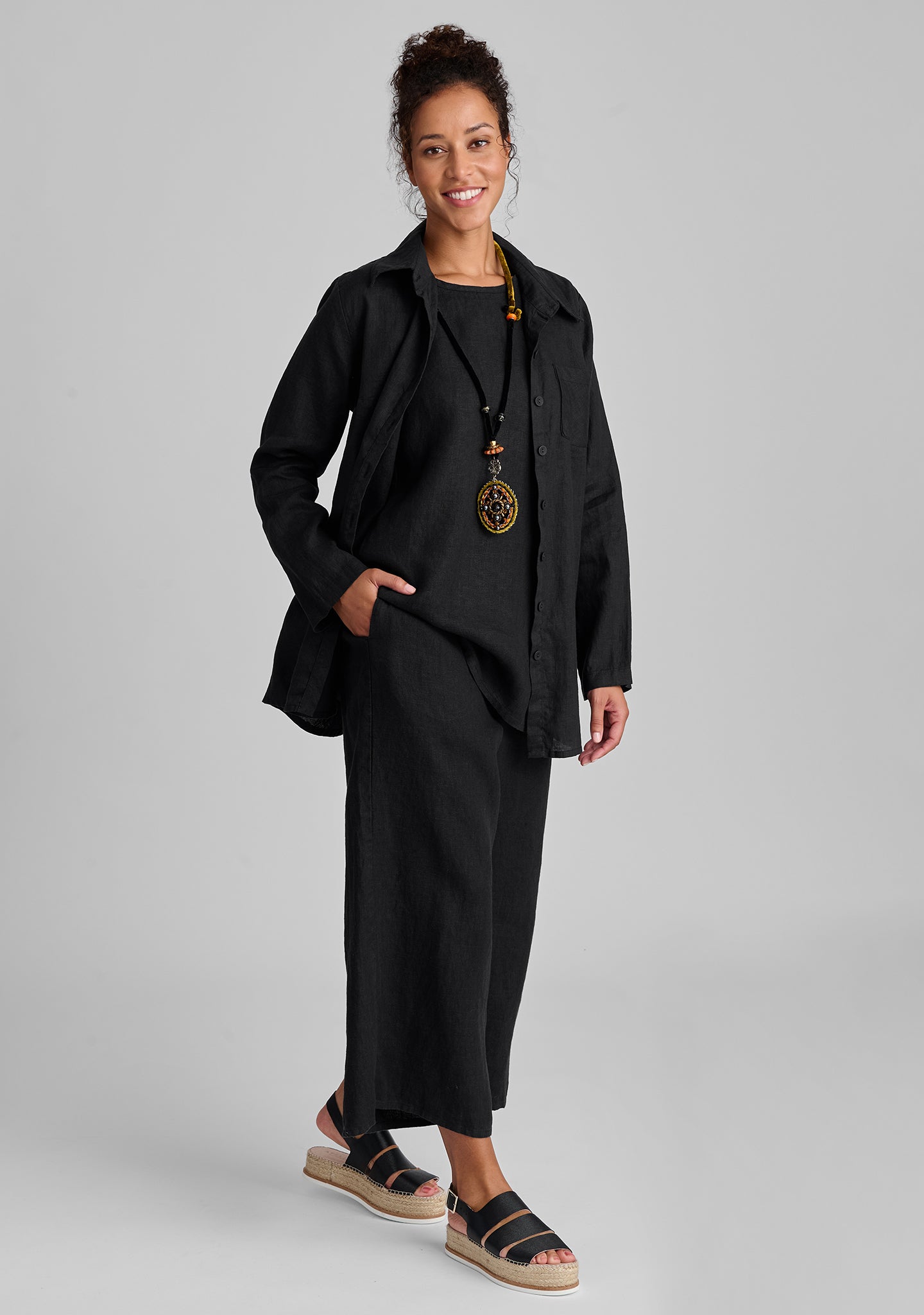 FLAX linen blouse in black with linen tank in black and linen pants in black