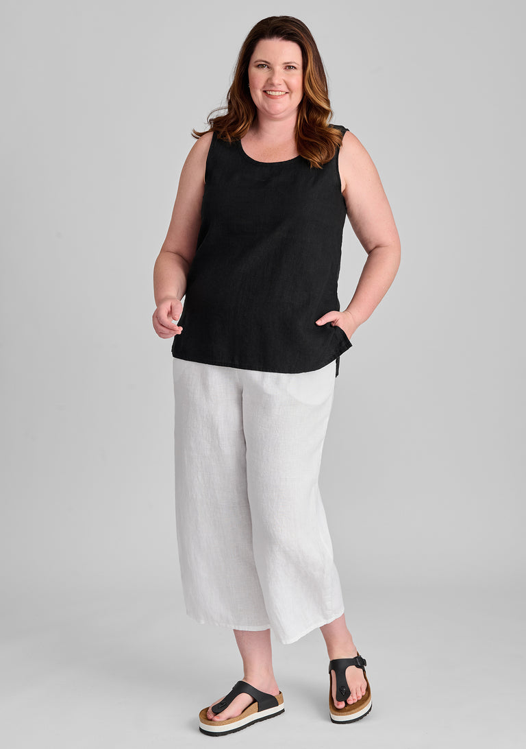 FLAX linen tank in black with linen pants in white
