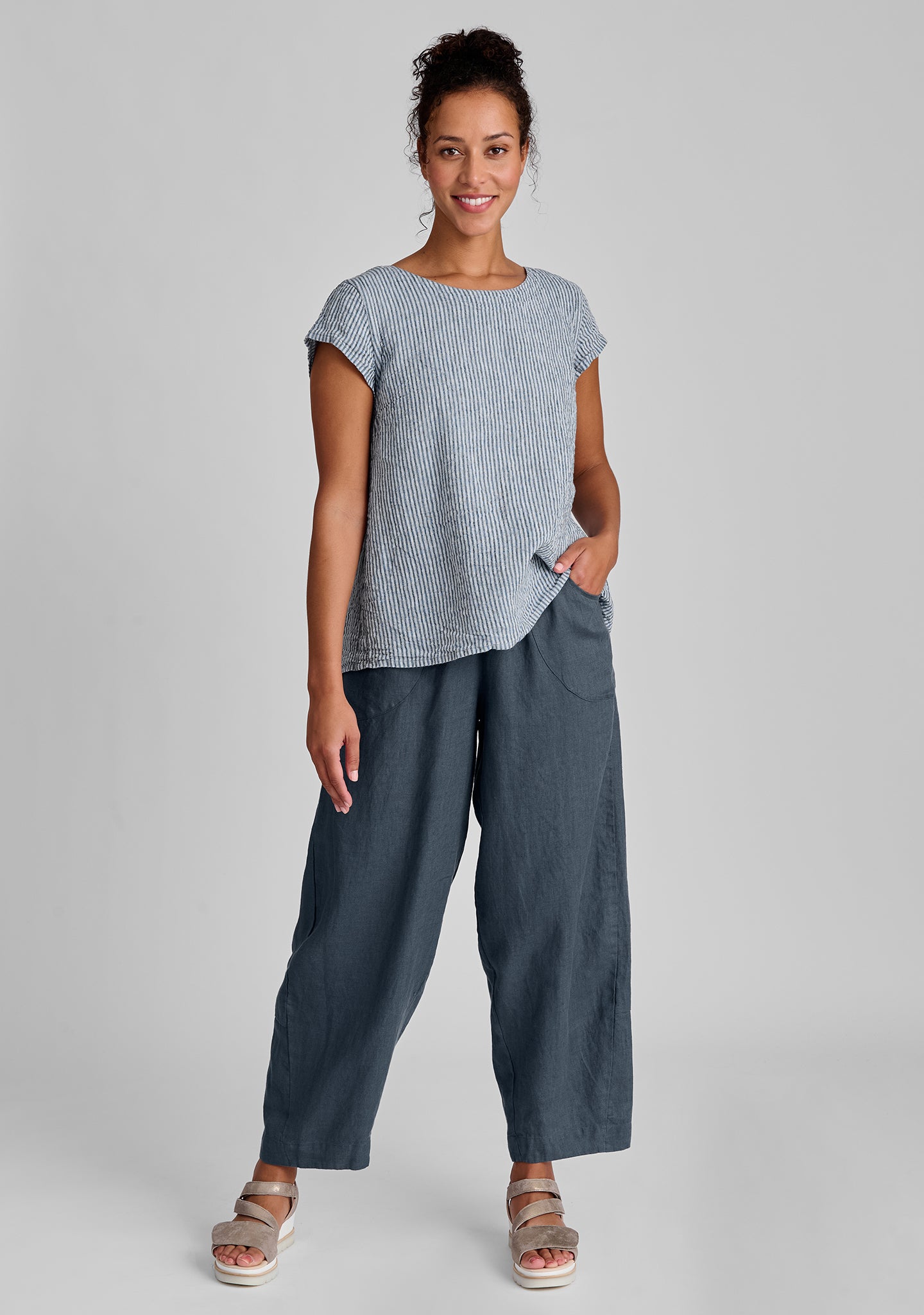 FLAX linen tee shirt in blue with linen pants in blue
