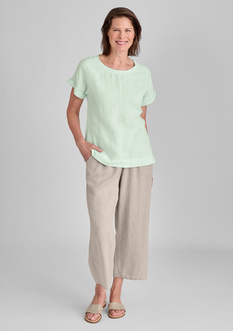 FLAX linen tee shirt in green with linen pants in natural