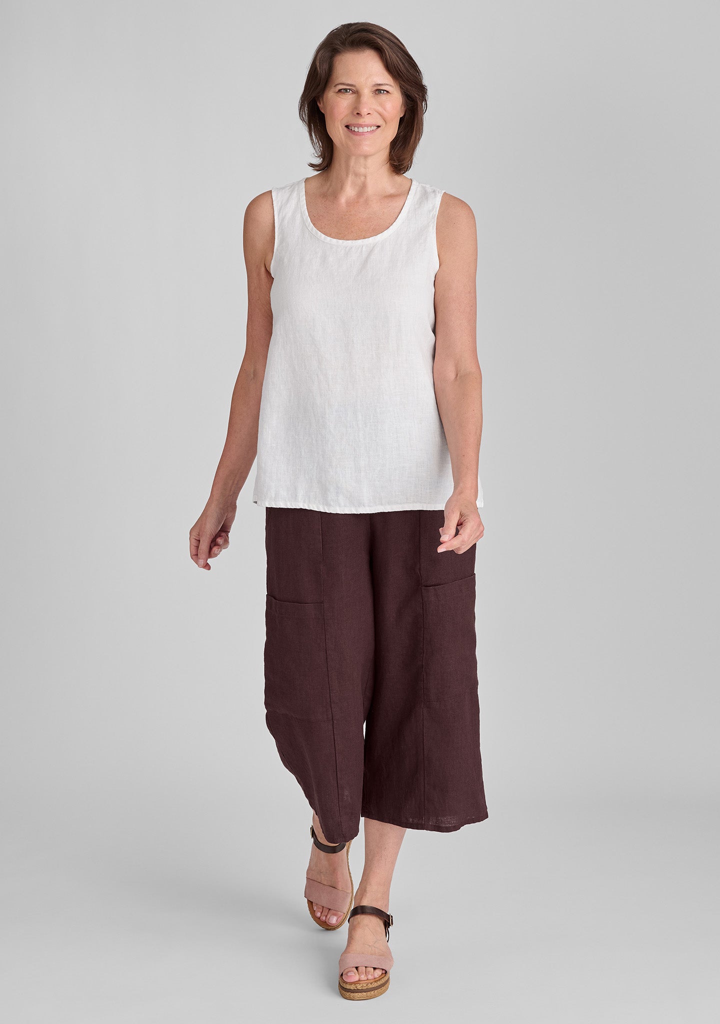 FLAX linen tank in white and linen pants in brown