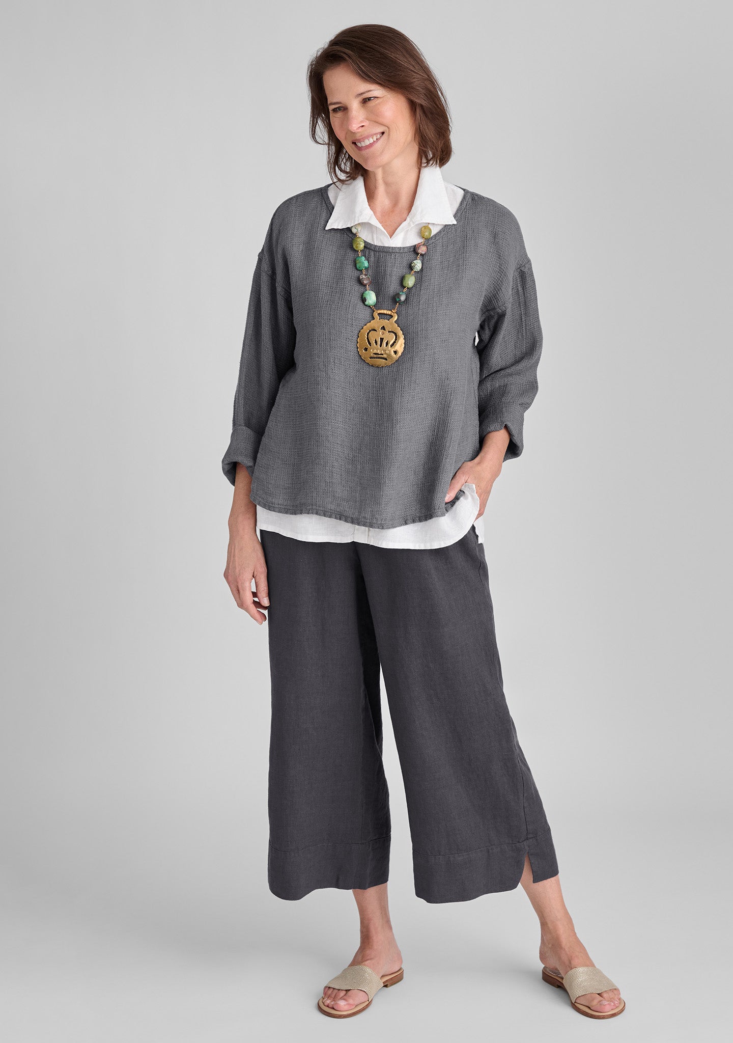 vented cuff pant linen pants with elastic waist grey