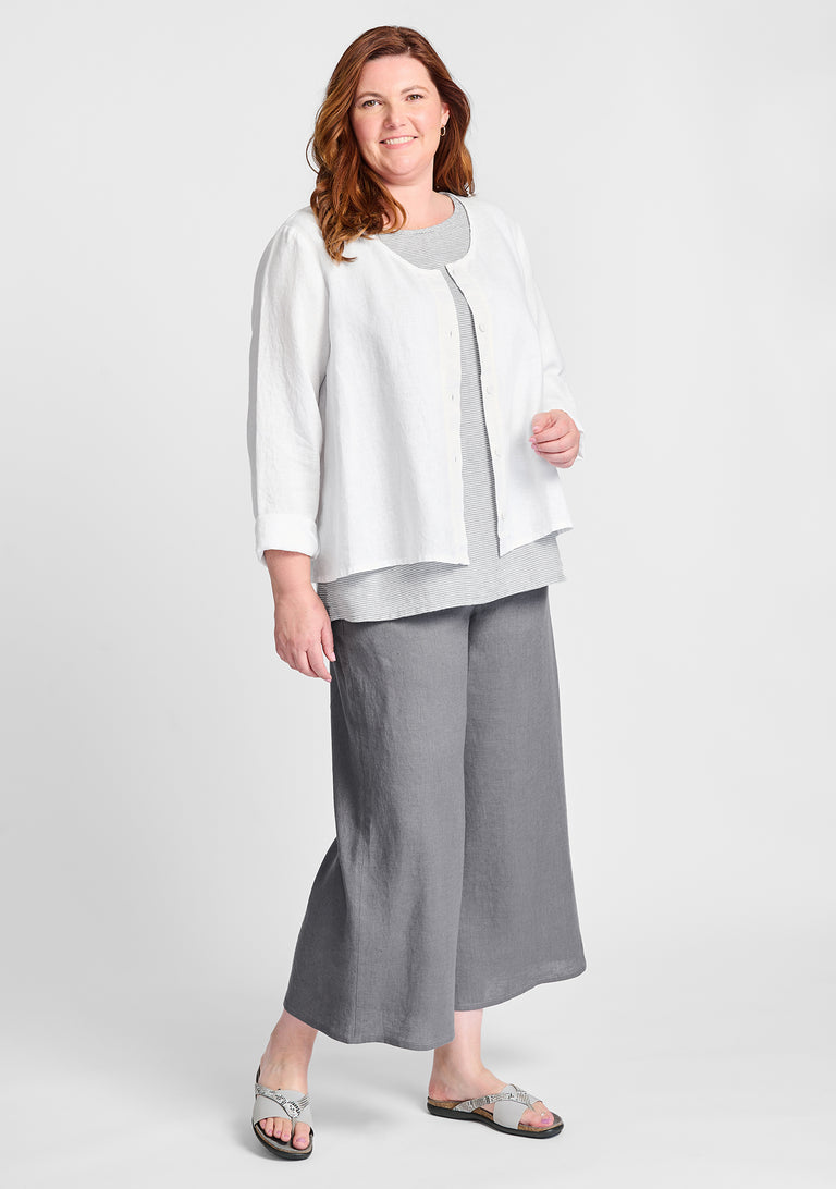 FLAX linen shirt in white with linen tank in grey and linen pants in grey