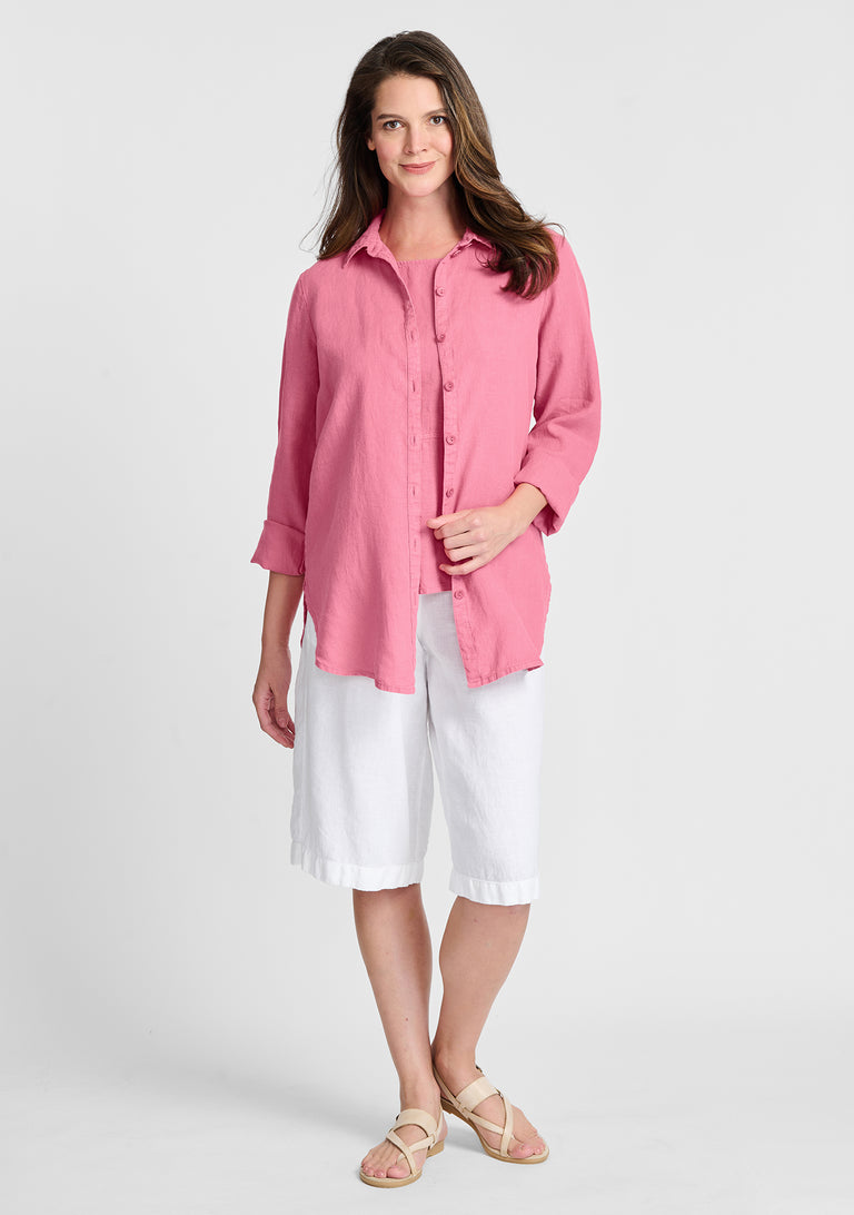 FLAX linen shirt in pink with linen shirt in pink and linen shorts in white