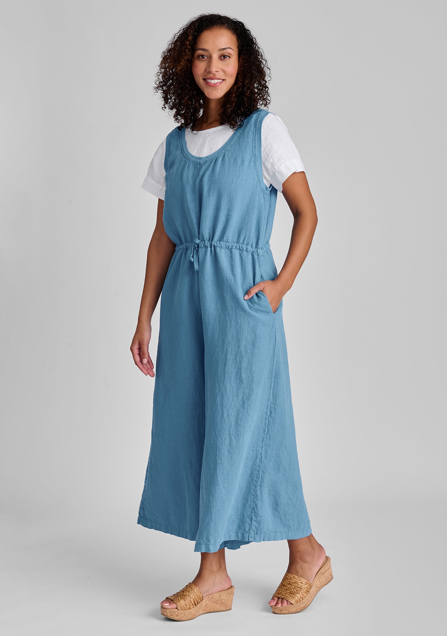 FLAX linen tee in white with linen jumpsuit in blue