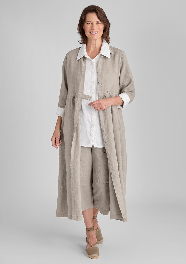 FLAX linen dress in natural with linen shirt in white and linen pants in natural