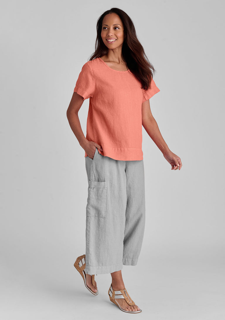 FLAX linen shirt in orange with linen pants in grey