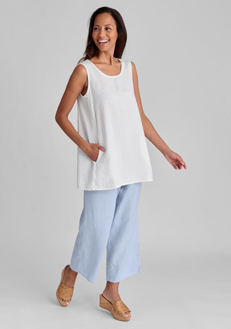 FLAX linen tank in white with linen pants in blue