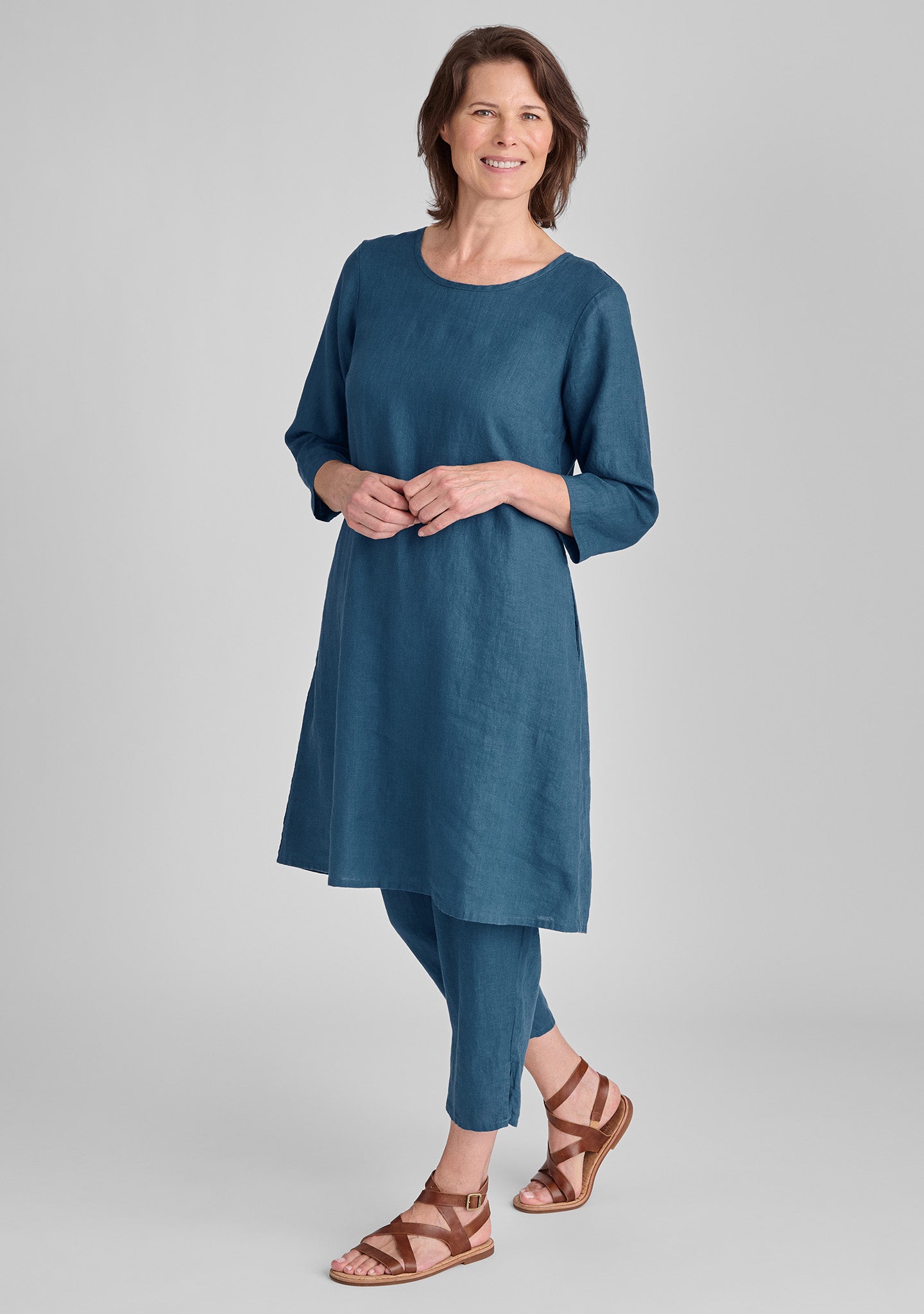 FLAX linen dress in blue with linen pants in blue